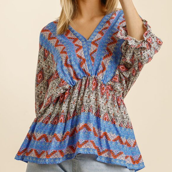 Umgee Printed Half Sleeve Peplum Blouse